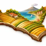 Un libro aperto che si trasforma in un paesaggio siciliano con campi dorati, case bianche, mare azzurro, una barca a vela e un vulcano fumante. Storie ambientate in Sicilia prendono vita.