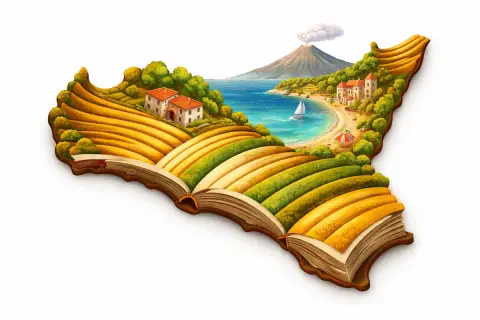 Un libro aperto che si trasforma in un paesaggio siciliano con campi dorati, case bianche, mare azzurro, una barca a vela e un vulcano fumante. Storie ambientate in Sicilia prendono vita.