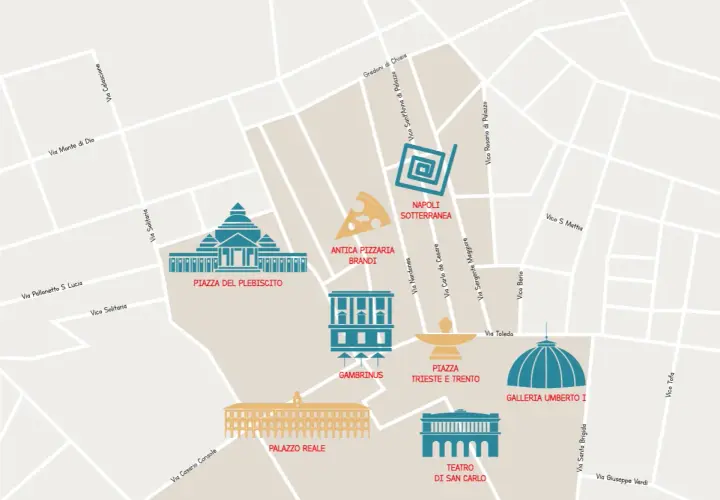 Mappa stilizzata di Napoli con icone per Piazza del Plebiscito, Palazzo Reale, Napoli Sotterranea, Antica Pizzeria Brandi, Teatro di San Carlo e Galleria Umberto I.
