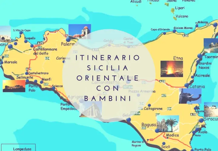 Mappa della Sicilia con itinerario per famiglie. Esplora le zone turistiche siciliane: Etna, Taormina, Siracusa, Agrigento e altro ancora.