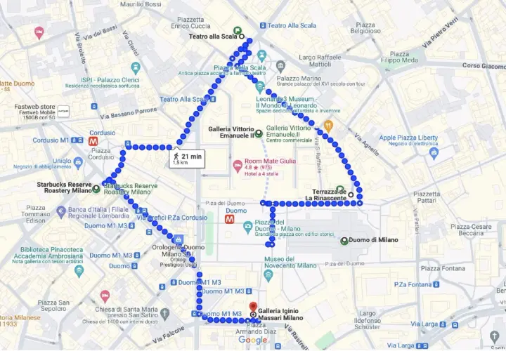 Percorso a piedi per cosa vedere a Milano in due giorni: Duomo, Galleria Vittorio Emanuele II, Teatro alla Scala, Piazza del Duomo.