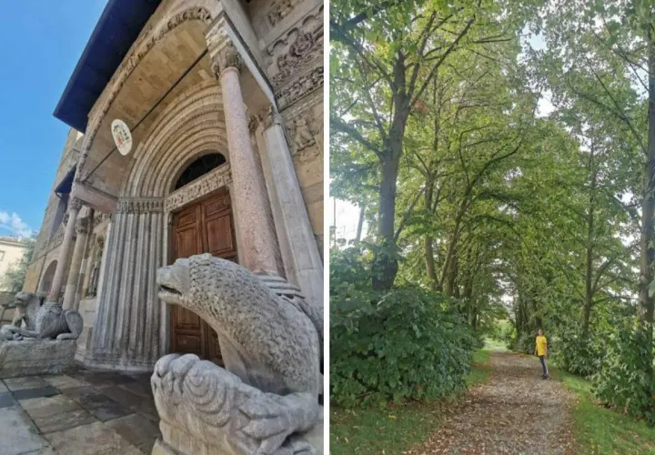 Fidenza cosa vedere: imponente Duomo con leoni stilofori e un sentiero alberato con una persona.