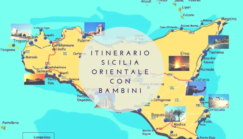 Mappa della Sicilia con itinerario per famiglie. Esplora le zone turistiche siciliane: Etna, Taormina, Siracusa, Agrigento e altro ancora.