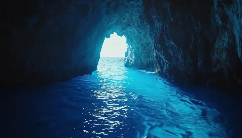 L'acqua cristallina della grotta azzurra di Taormina riflette la luce del sole, creando un'atmosfera magica.