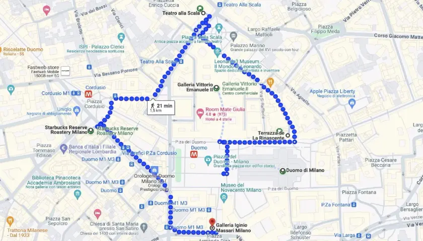 Percorso a piedi per cosa vedere a Milano in due giorni: Duomo, Galleria Vittorio Emanuele II, Teatro alla Scala, Piazza del Duomo.