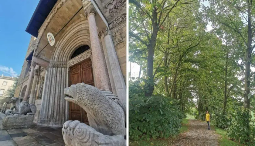 Fidenza cosa vedere: imponente Duomo con leoni stilofori e un sentiero alberato con una persona.
