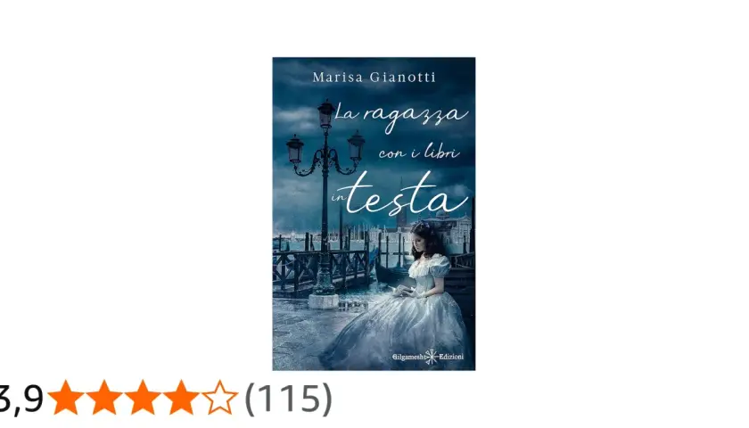 Copertina di "La ragazza con i libri in testa", un romanzo ambientato a Venezia, con una giovane donna in abito d'epoca seduta vicino a un canale.