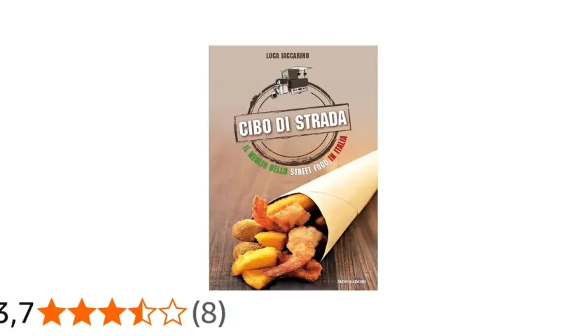 Copertina libro "Cibo di Strada" di Luca Iaccarino, con un cono di fritto misto e un furgoncino per lo street food.