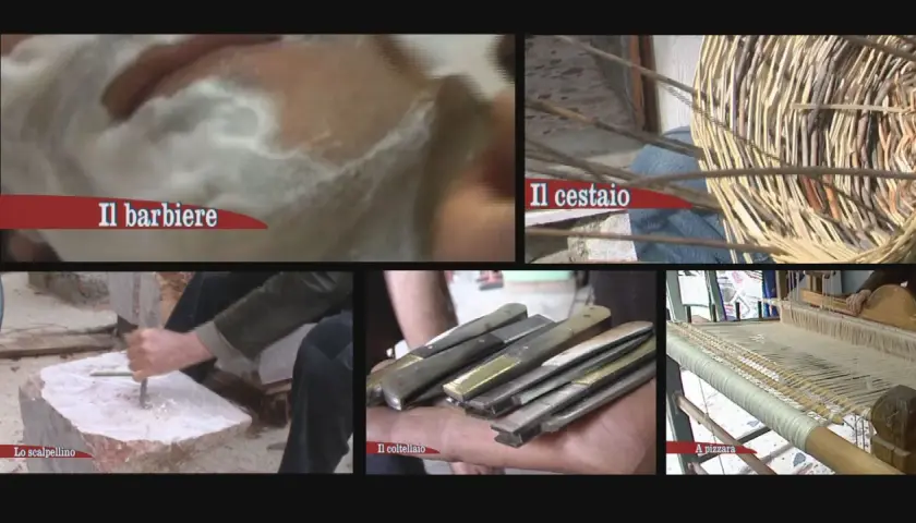 Scene di antichi mestieri siciliani: barbiere, cestai, scalpellino, coltellai e tessitrice.