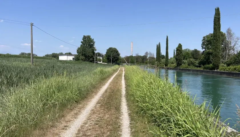 Sentiero sterrato lungo il canale, ideale per la ciclabile Peschiera Lazise. Vegetazione rigogliosa e cielo azzurro.
