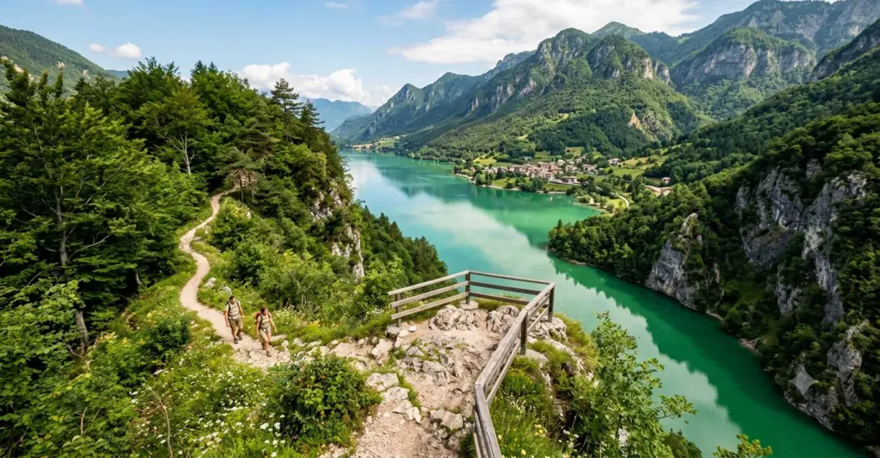 Sentiero panoramico sul lago di Val Cellina a Barcis, con escursionisti e montagne verdi.